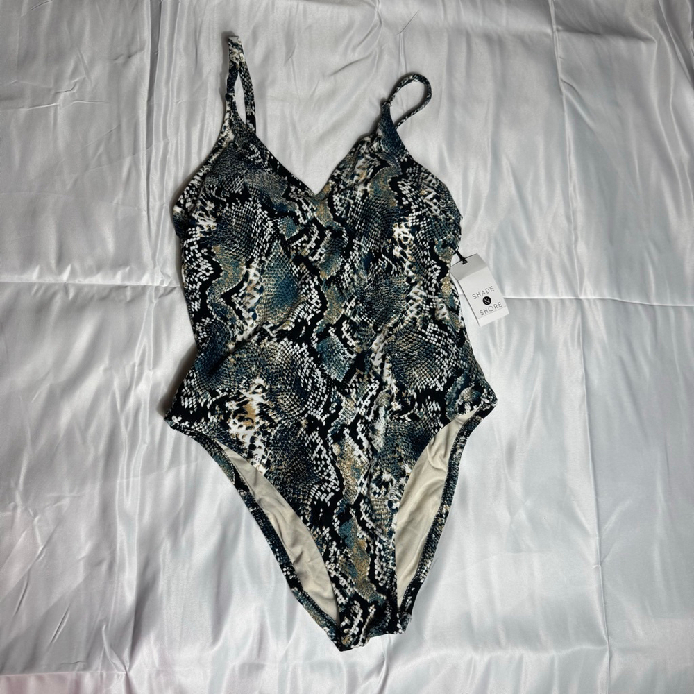 Women's Shade & Shore One Piece Swimsuit S Blue Black Snake Print